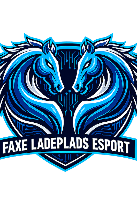 logo på Faxe Ladeplads e-sports forening. Det forestiller 2 hestehoveder i blå der kigger på hinanaden